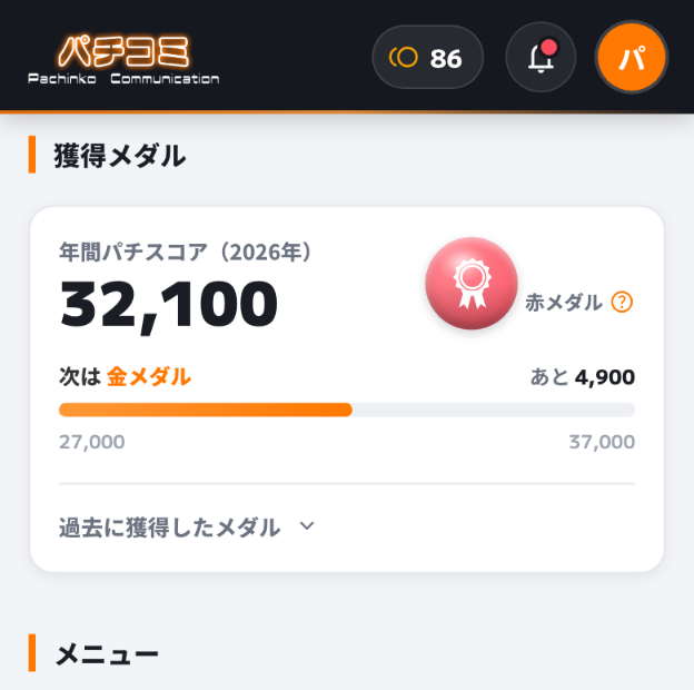 マイページのメダル表示